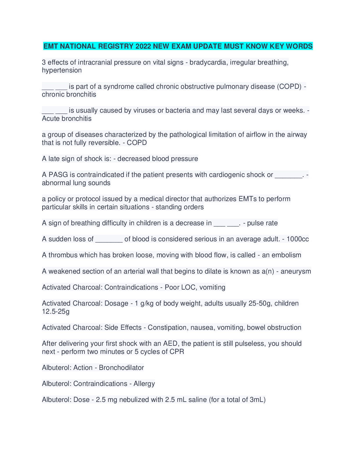 Preview image for EMT NATIONAL REGISTRY 2022 NEW EXAM UPDATE MUST KNOW KEY WORDS